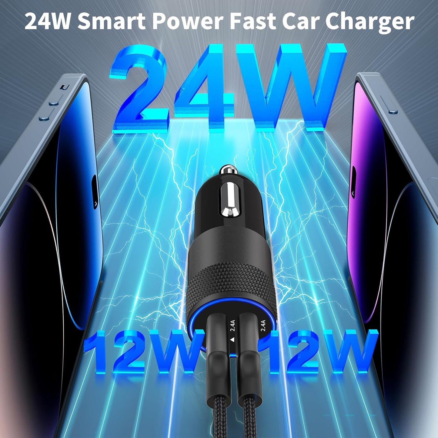 MFi Certified iPhone Car Charger - Fast Charging 4.8A Dual USB Smart Power Adapter with 2-Pack Braided Lightning Cables for iPhone 14/13/12/11 Pro/XS/Mini/XR/X/SE & iPad