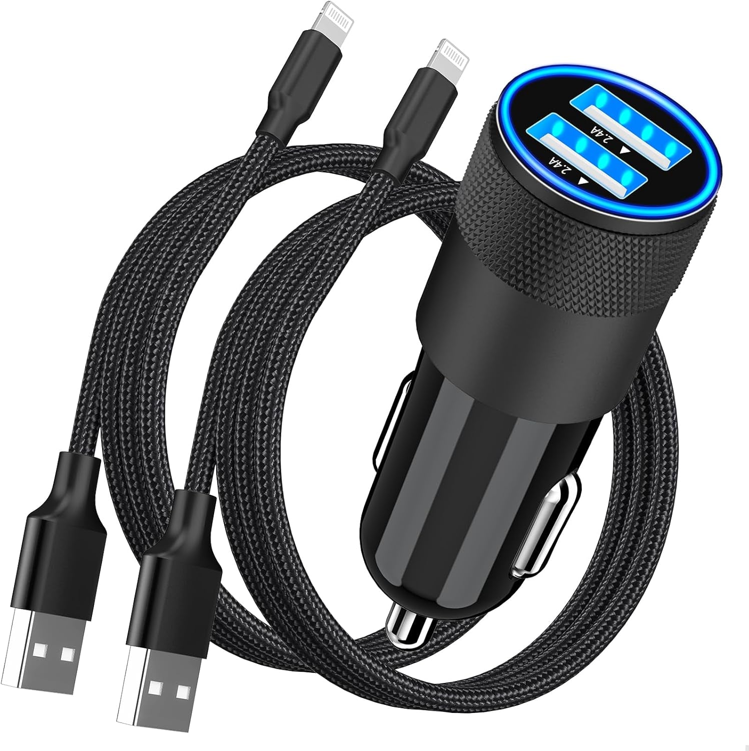 MFi Certified iPhone Car Charger - Fast Charging 4.8A Dual USB Smart Power Adapter with 2-Pack Braided Lightning Cables for iPhone 14/13/12/11 Pro/XS/Mini/XR/X/SE & iPad