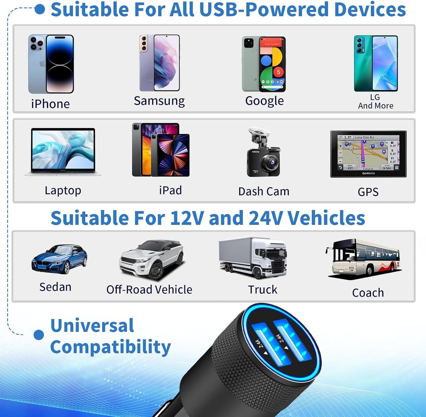 MFi Certified iPhone Car Charger - Fast Charging 4.8A Dual USB Smart Power Adapter with 2-Pack Braided Lightning Cables for iPhone 14/13/12/11 Pro/XS/Mini/XR/X/SE & iPad