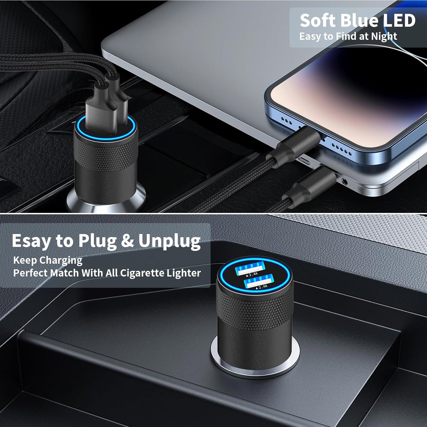 MFi Certified iPhone Car Charger - Fast Charging 4.8A Dual USB Smart Power Adapter with 2-Pack Braided Lightning Cables for iPhone 14/13/12/11 Pro/XS/Mini/XR/X/SE & iPad