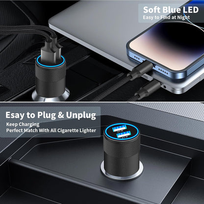 MFi Certified iPhone Car Charger - Fast Charging 4.8A Dual USB Smart Power Adapter with 2-Pack Braided Lightning Cables for iPhone 14/13/12/11 Pro/XS/Mini/XR/X/SE & iPad